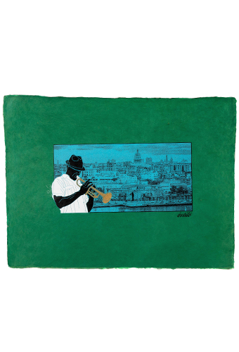 Estilo Clothing™ Havana Blues, Trumpet Player Havana, Cuba Skyline Art Print on Paper