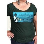 Estilo Clothing™ Havana Blues, Trumpet Player Havana, Cuba Skyline Cut Boat Neck T-shirt, Forest Green