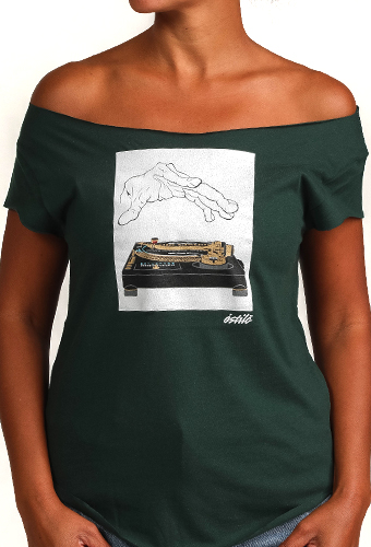 Estilo Clothing™ 12Down (SL-1200GLD) Turntable Cut Boat Neck T-shirt, Forest Green