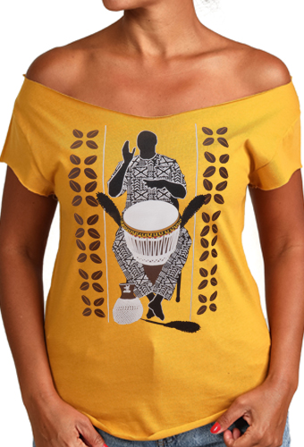 Estilo Clothing™ African Soul Dejembe Player Cut Boat Neck T-shirt, Antique Gold