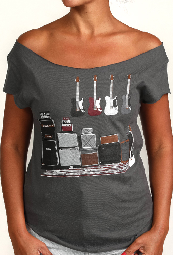 Estilo Clothing™ Amped Up Electric Bass Guitar & Amps Cut Boat Neck T-shirt, Heavy Metal Gray