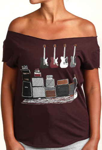 Estilo Clothing™ Amped Up Electric Bass Guitar & Amps Cut Boat Neck T-shirt, Oxblood