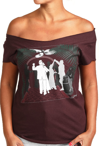 Estilo Clothing™ Art Deco Cuban Cafe Cut Boat Neck T-shirt, Oxblood