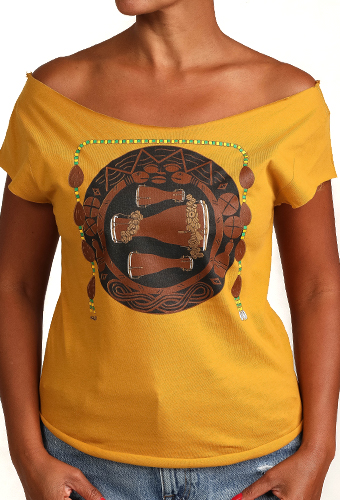 Estilo Clothing™ Bata Drums Afro Cuban Cut Boat Neck T-shirt, Antique Gold