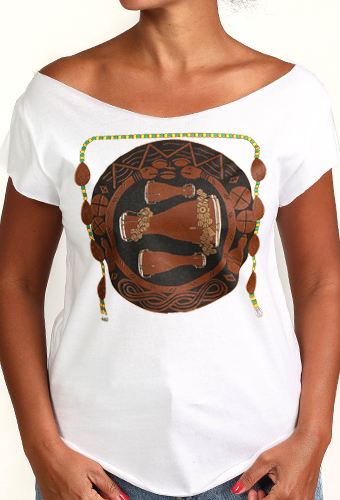 Estilo Clothing™ Bata Drums Afro Cuban Cut Boat Neck T-shirt, White