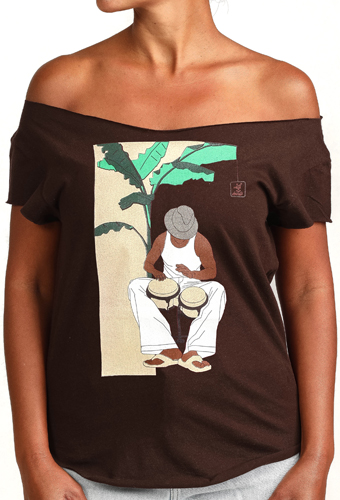 Estilo Clothing™ Bongocero Bongo Player Cut Boat Neck T-shirt, Dark Chocolate