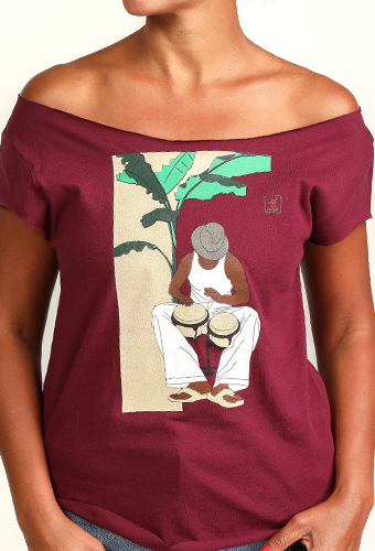 Estilo Clothing™ Bongocero Bongo Player Cut Boat Neck T-shirt, Maroon