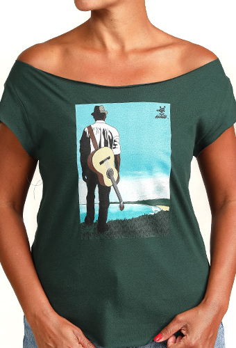 Estilo Clothing™  Buena Vista Acoustic Guitar Player Cut Boat Neck T-shirt, Forest Green