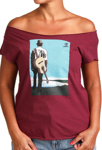 Estilo Clothing™  Buena Vista Acoustic Guitar Player Cut Boat Neck T-shirt, Maroon