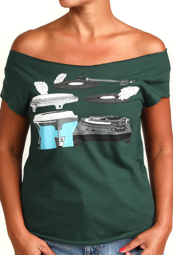 Estilo Clothing™ Cutting & Slapping Conga Turntable Cut Boat Neck T-shirt, Forest Green
