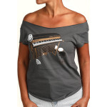 Estilo Clothing™ Esperando Montuno Fender Rhodes Piano Cut Boat Neck T-Shirt, Heavy Metal Gray