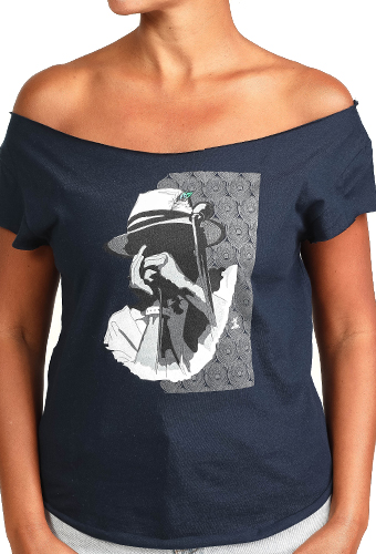 Estilo Clothing™ Harmonic Blues Harmonica Player Cut Boat Neck T-shirt, Midnight Navy