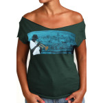 Estilo Clothing™ Havana Blues, Trumpet Player Havana, Cuba Skyline Cut Boat Neck T-shirt, Forest Green