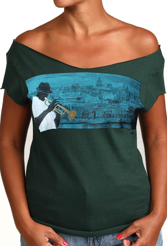 Estilo Clothing™ Havana Blues, Trumpet Player Havana, Cuba Skyline Cut Boat Neck T-shirt, Forest Green