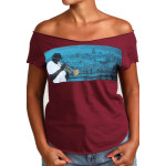 Estilo Clothing™ Havana Blues, Trumpet Player Havana, Cuba Skyline Cut Boat Neck T-shirt, Maroon