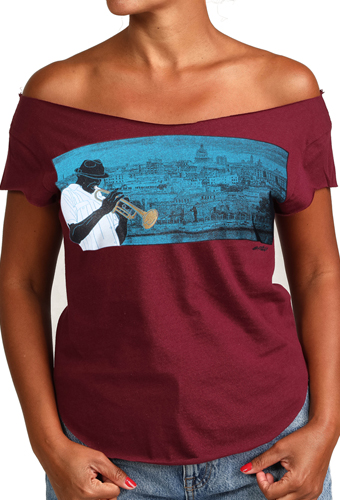 Estilo Clothing™ Havana Blues, Trumpet Player Havana, Cuba Skyline Cut Boat Neck T-shirt, Maroon