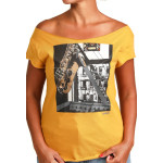 Estilo Clothing™ Inner City Saxophone Cut Boat Neck T-shirt, Antique Gold Estilo Clothing™ Inner City Saxophone Cut Boat Neck T-shirt, Antique Gold