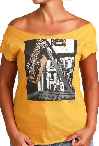 Estilo Clothing™ Inner City Saxophone Cut Boat Neck T-shirt, Antique Gold