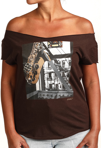 Estilo Clothing™ Inner City Saxophone Cut Boat Neck T-shirt, Dark Chocolate