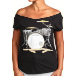 Estilo Clothing™ Drum Set & Broken Sticks Cut Boat Neck T-shirt, Black