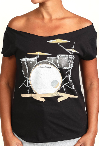 Estilo Clothing™ Drum Set & Broken Sticks Cut Boat Neck T-shirt, Black