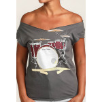 Estilo Clothing™ Drum Set & Broken Sticks Cut Boat Neck T-shirt, Heavy Metal Gray
