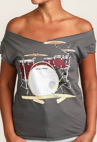 Estilo Clothing™ Drum Set & Broken Sticks Cut Boat Neck T-shirt, Heavy Metal Gray