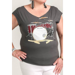 Estilo Clothing™ Drum Set & Broken Sticks Cut Boat Neck T-shirt, Heavy Metal Gray