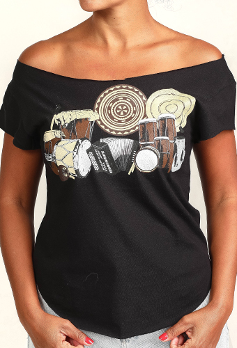 Estilo Clothing™ La Cumbia de Colombia y Panama Cut Boat Neck T-shirt, Black