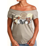 Estilo Clothing™ La Cumbia de Colombia y Panama Cut Boat Neck T-shirt, Warm Gray