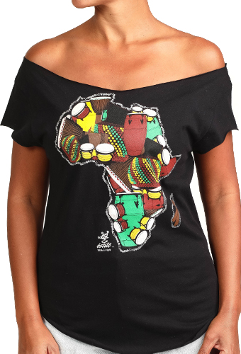 Estilo Clothing™ One Drum Africa/Drum Cut Boat Neck T-shirt, Black