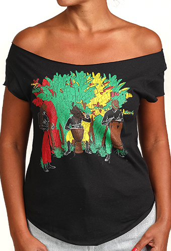 Estilo Clothing™ Tambores del Caribe Caribbean Drummers Cut Boat Neck T-shirt, Black