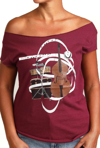 Estilo Clothing™ El Nuevo Tumbao Upright Bass, Timbales, Congas Cut Boat Neck T-shirt, Maroon