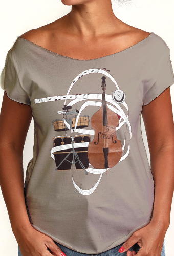 Estilo Clothing™ El Nuevo Tumbao Upright Bass, Timbales, Congas Cut Boat Neck T-shirt, Warm Gray