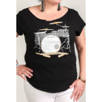 Estilo Clothing™ Drum Set & Broken Sticks Cut Boat Neck T-shirt, Black