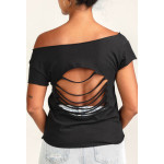 Estilo Clothing™ Drum Set & Broken Sticks Cut Boat Neck T-shirt, Black