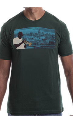 Estilo Clothing™ Havana Blues, Trumpet Player Havana, Cuba Skyline T-shirt, Forest Green