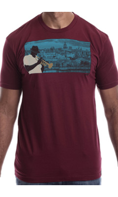 Estilo Clothing™ Havana Blues, Trumpet Player Havana, Cuba Skyline T-shirt, Maroon