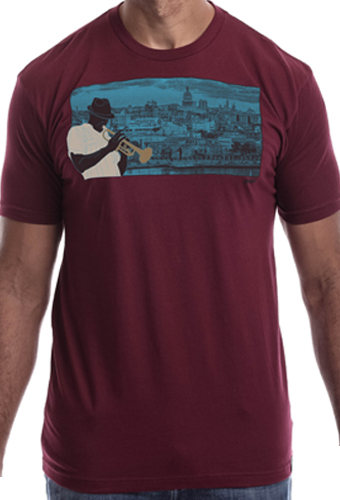 Estilo Clothing™ Havana Blues, Trumpet Player Havana, Cuba Skyline T-shirt, Maroon