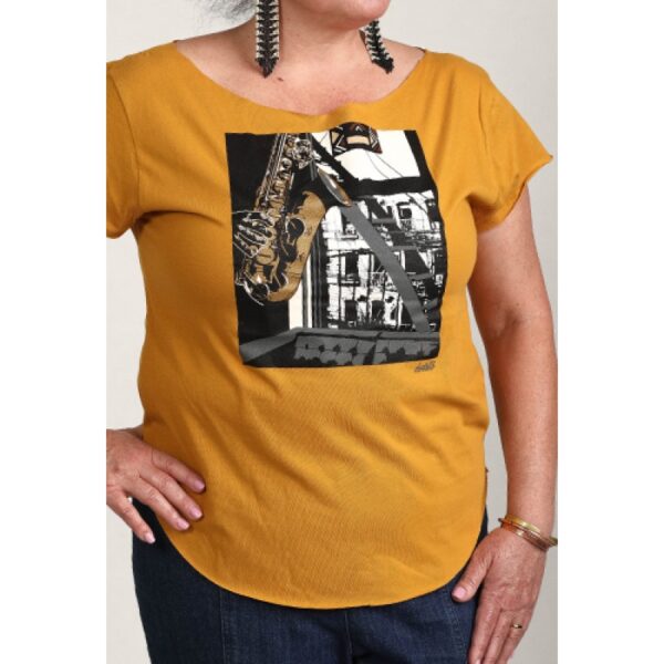 Inner City Saxophone Cut Boat Neck T-shirt, Antique Gold