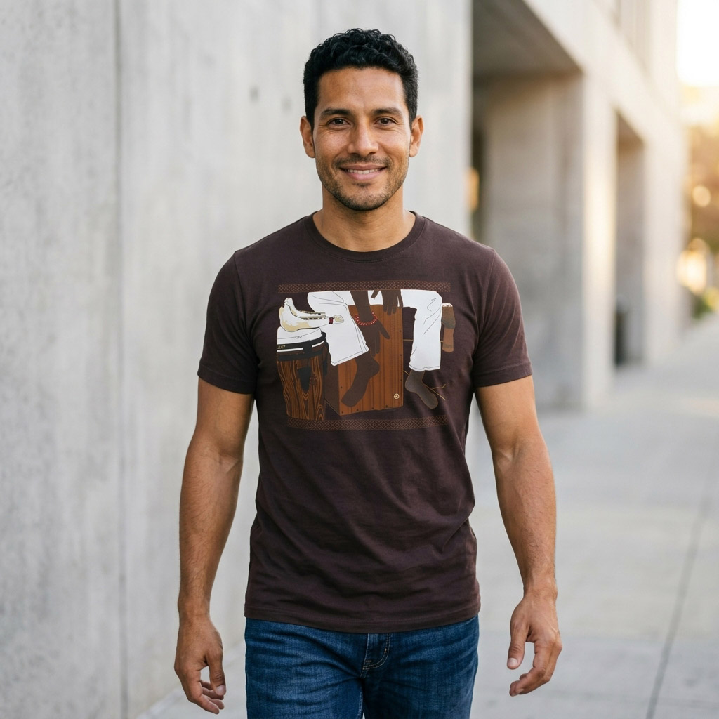Cajon Afro Peruvian T-shirt, Antique Gold - Image 4