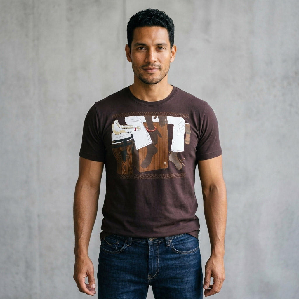Cajon Afro Peruvian T-shirt, Antique Gold - Image 3