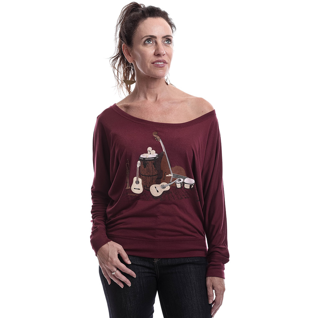 Acoustics Bass, Guitar, Trumpet & Percussion Off the Shoulder Long Sleeve