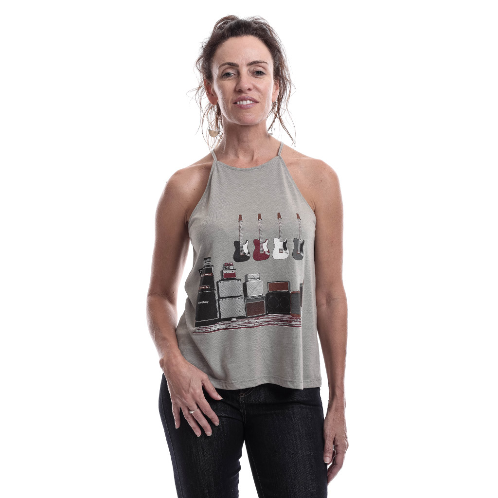 Amped Up Electric Bass Guitar & Amps High Neck Halter Blouse