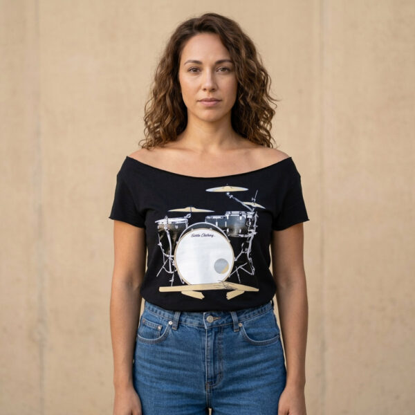 Drum Set & Broken Sticks Cut Boat Neck T-shirt