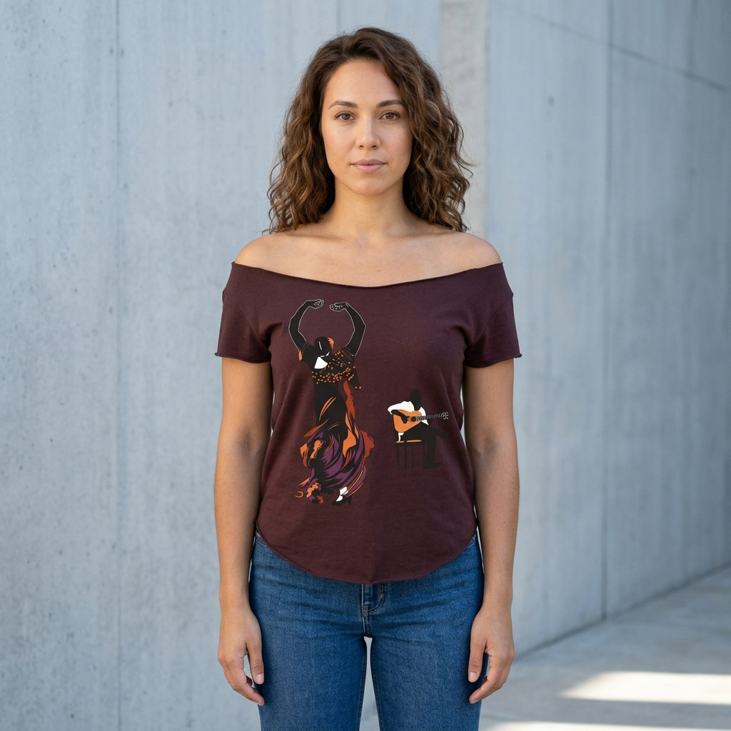 Flamenco Dancer & Spanish Guitar  Cut Boat Neck T-shirt, Oxblood