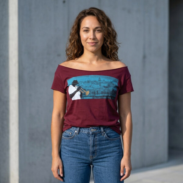 Havana Blues, Trumpet Player Havana, Cuba Skyline Cut Boat Neck T-shirt
