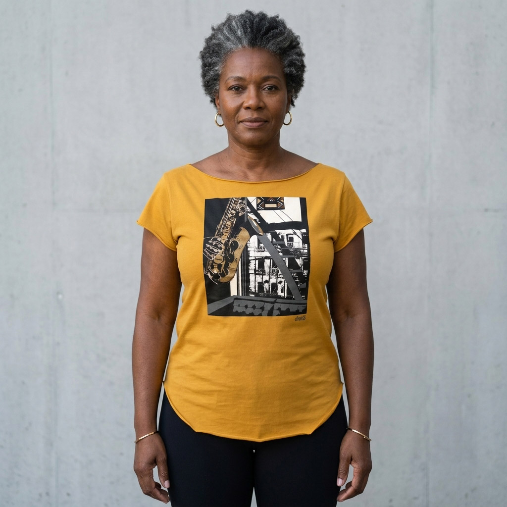 Inner City Saxophone Cut Boat Neck T-shirt, Antique Gold - Image 3