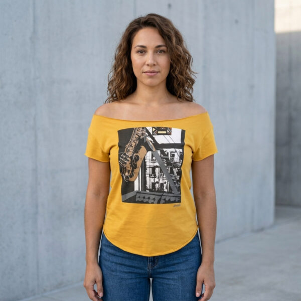 Inner City Saxophone Cut Boat Neck T-shirt, Antique Gold