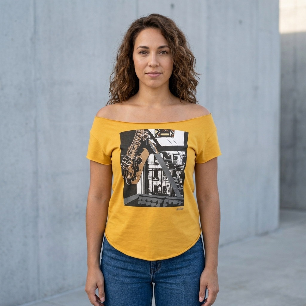 Inner City Saxophone Cut Boat Neck T-shirt, Antique Gold